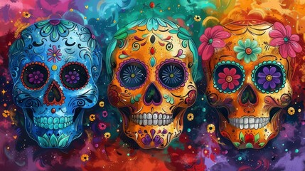 Three colorful sugar skulls adorned with flowers and patterns against a vibrant, abstract background