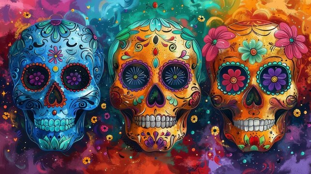 Three colorful sugar skulls adorned with flowers and patterns against a vibrant, abstract background