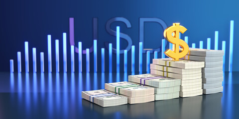 USD dollar sign on money stacks, financial growth and investment concept