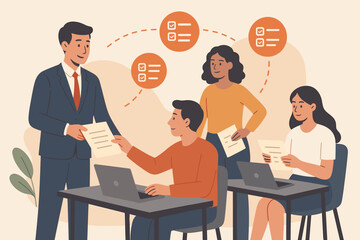 Business manager delegating tasks to diverse team, distributing work assignments, project management, teamwork, leadership, office collaboration, responsibility, staff communication