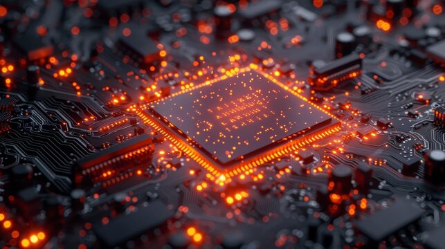 Illuminated microchip with intricate circuits glowing orange on a dark background