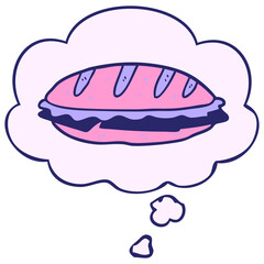cartoon cheese sandwich with thought bubble in bright neon color