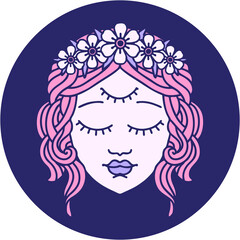 iconic tattoo style image of female face with third eye in bright neon color