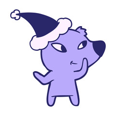 cute hand drawn line drawing of a bear wearing santa hat in bright neon color