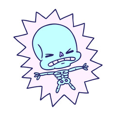 freehand drawn cartoon of a scary skeleton  in bright neon color