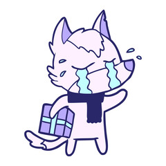 cartoon crying wolf with christmas present in bright neon color