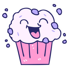 hand drawn quirky cartoon happy muffin in bright neon color