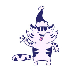 hand drawn line drawing of a white tiger wearing santa hat in bright neon color