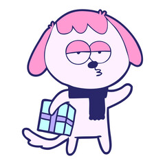 cartoon bored dog with christmas present in bright neon color