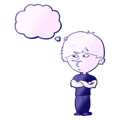 cartoon suspicious man with thought bubble in bright neon color