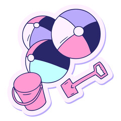 hand drawn sticker cartoon doodle beach balls with a bucket and spade in bright neon color