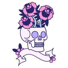traditional tattoo with banner of a skull and roses in bright neon color