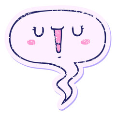 happy cartoon face with speech bubble distressed distressed old sticker in bright neon color
