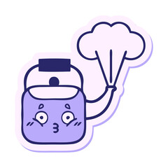 sticker of a cute cartoon steaming kettle in bright neon color
