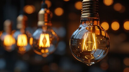 Warm glow. String of incandescent bulbs hanging, illuminating with a soft, inviting light. Bokeh background