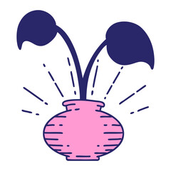 illustration of a traditional tattoo style houseplant in vase in bright neon color