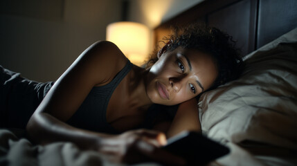Woman in bed scrolling phone late at night, looking exhausted and anxious from constant news exposure