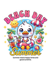 Fototapeta premium Cute duck enjoying a beach day with drinks and watermelon summer vacation t shirt design
