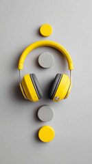 Podcast startup gear with yellow headphones and gray discs on minimalist background