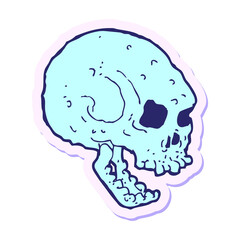 sticker of a cartoon spooky skull in bright neon color
