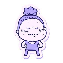sticker of a cartoon annoyed old lady in bright neon color