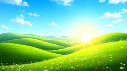 Obraz premium Rolling green hills under a bright sunny sky, countryside vibe