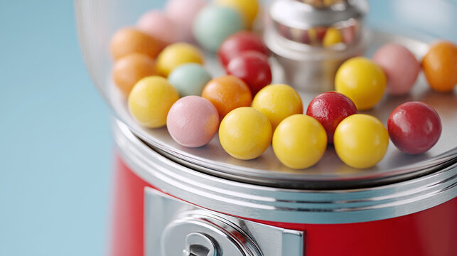 Vivid retro bubblegum machine with colorful gumballs against blue background