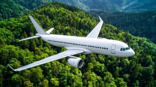 Plane over forest white passenger jet flies over a dense green forest, mountains blur in the background