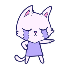 crying cartoon cat in dress pointing in bright neon color