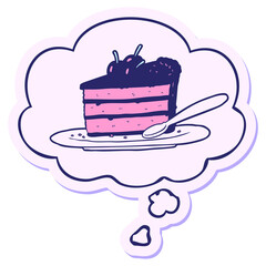 cartoon chocolate cake with thought bubble as a printed sticker in bright neon color
