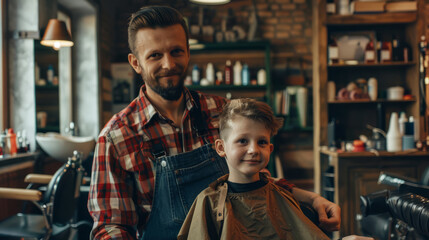 Obraz premium Caucasian male barber with young boy in rustic barbershop setting