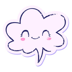 cute cartoon face with speech bubble distressed distressed old sticker in bright neon color