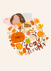 Cute Little Girl sleeping under the Blanket of Autumn Plants