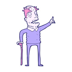 cartoon old man with walking stick in bright neon color