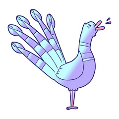 cartoon crowing peacock in bright neon color