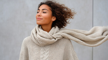 Elegant wool scarf in motion with woman outdoors in autumn breeze