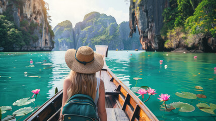 Young caucasian woman exploring scenic tropical paradise on a boat adventure