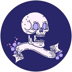 tattoo style icon with banner of a skull in bright neon color