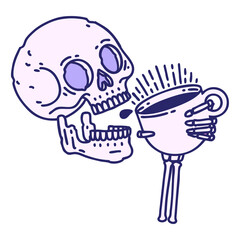 tattoo in traditional style of a skull drinking coffee in bright neon color