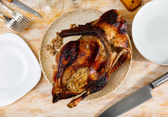 Popular dish all over the world appetizing baked duck stuffed with pearl barley