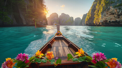 Longtail boat journey at sunset in stunning tropical bay surrounded by limestone cliffs