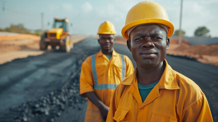 African male construction workers on duty at a paved road site