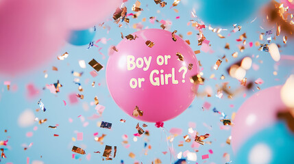 Gender reveal celebration with pink and blue confetti explosion