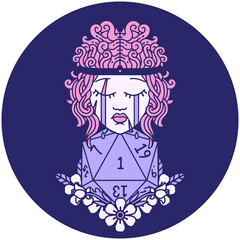 icon of crying human barbarian with natural one D20 roll in bright neon color