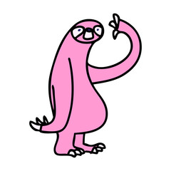 hand drawn quirky cartoon sloth in bright neon color