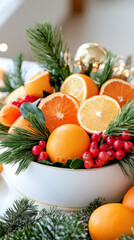 Vibrant citrus and pine holiday centerpiece with oranges and berries