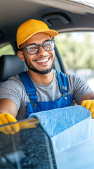 Smiling driver cleaning car windshield with blue microfiber cloth in sunny weather