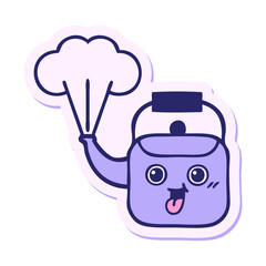 sticker of a cute cartoon steaming kettle in bright neon color