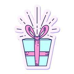 sticker of a tattoo style christmas present in bright neon color
