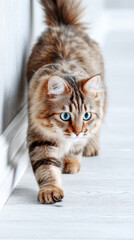 Playful fluffy cat in crouch stance on light wooden floor